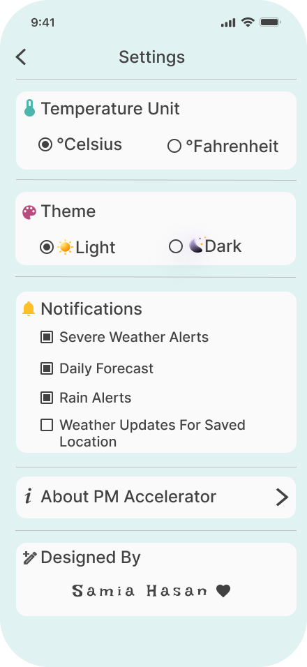 Weather App settings screen