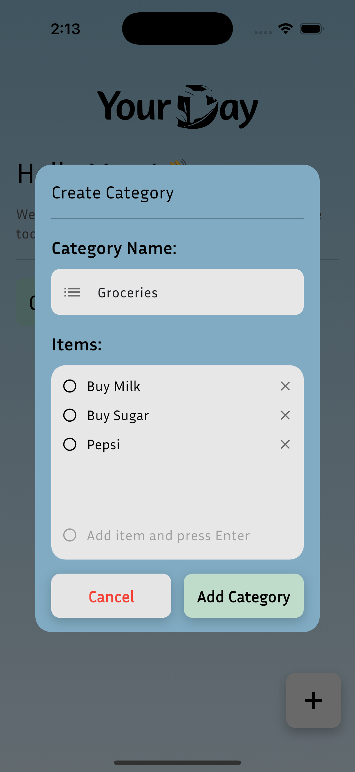 Create category with items screen