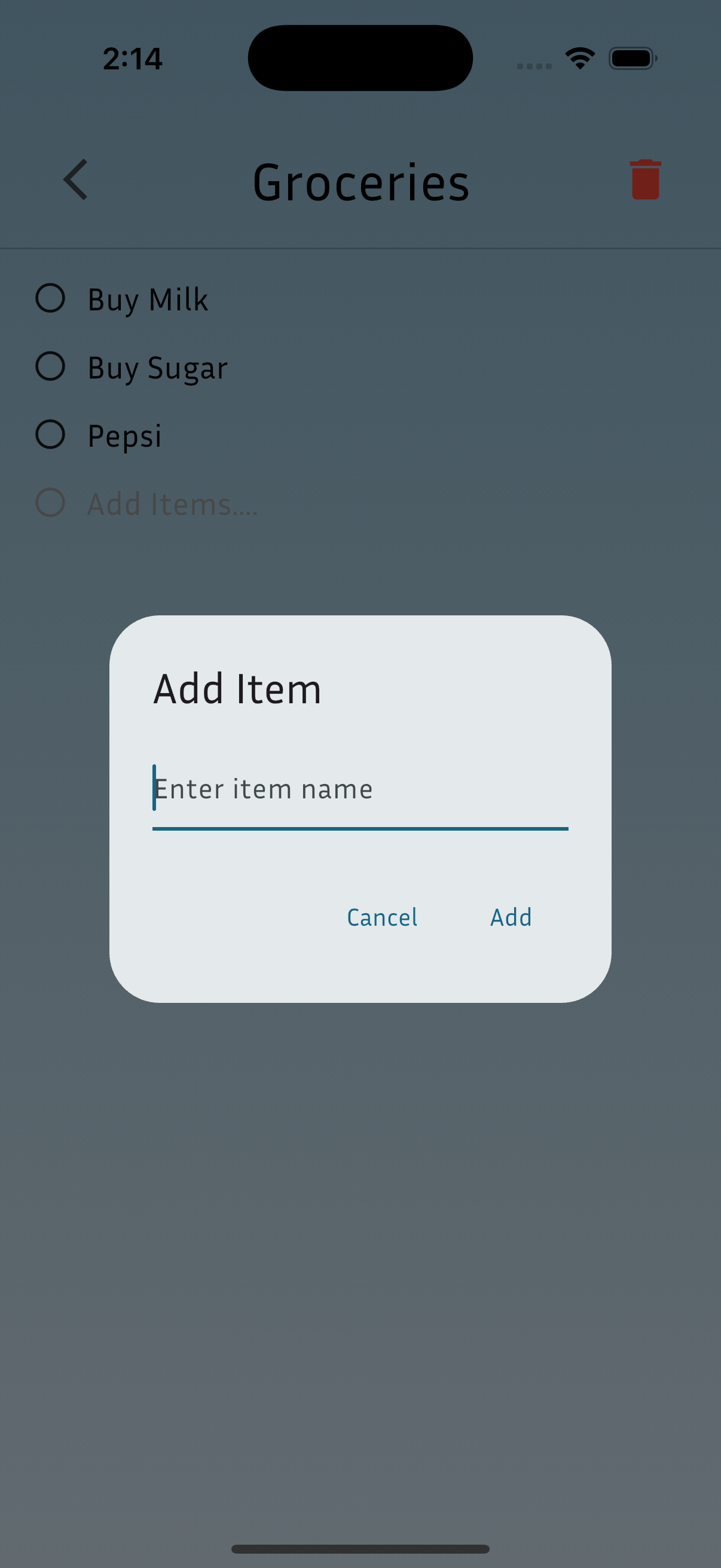 Add item modal screen