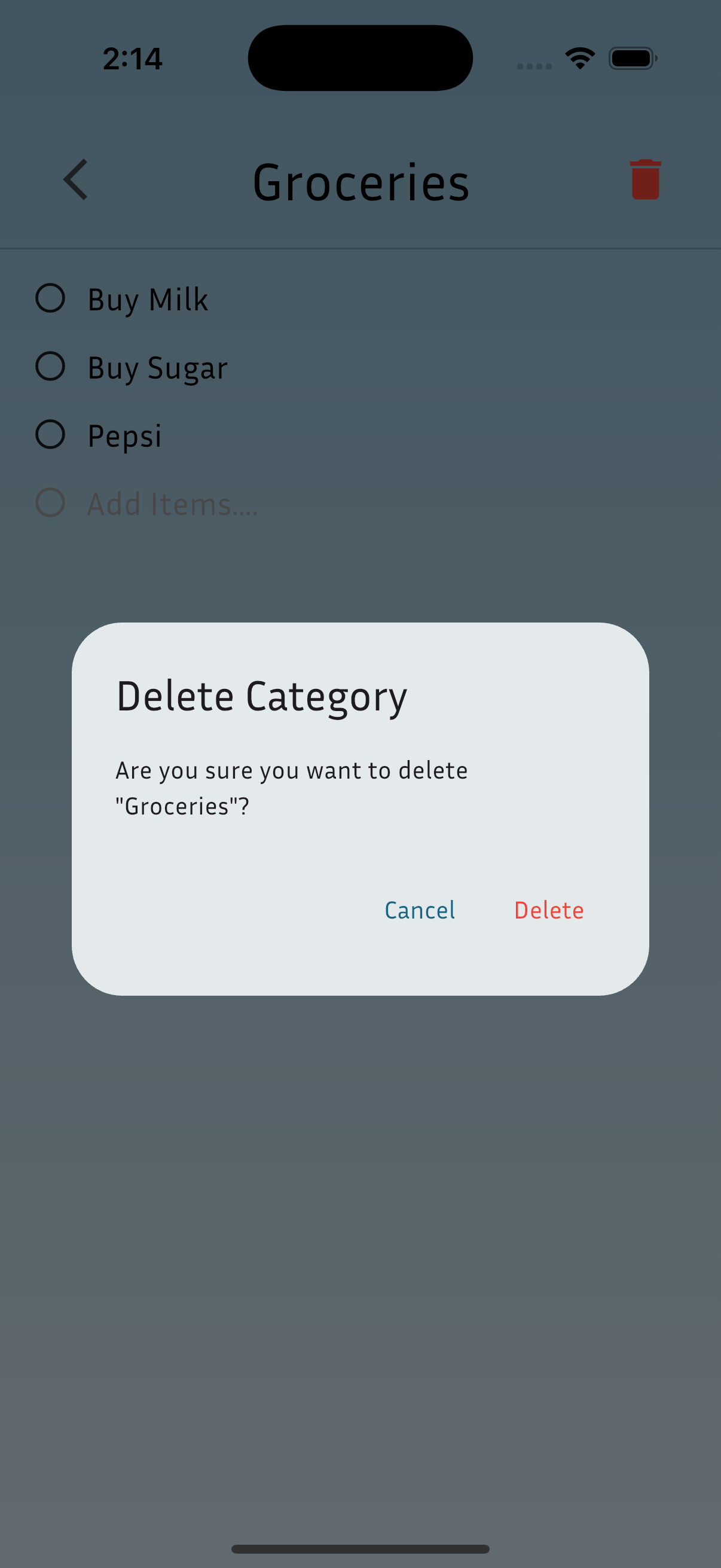 Delete category modal screen